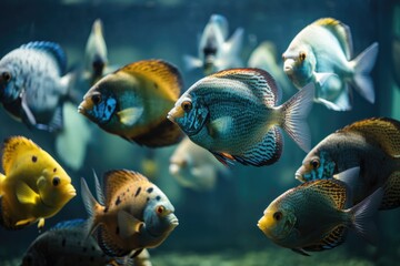 Poster - school of tropical fish swimming together in school, created with generative ai