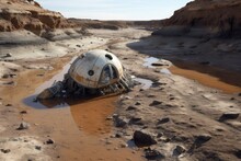 Spacecraft Remains In A Dried-up Riverbed With Cracked Earth, Created With Generative Ai