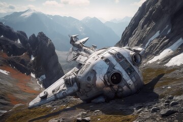 Wall Mural - crashed spacecraft on a remote mountain peak, created with generative ai