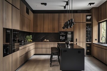 Wall Mural - modern kitchen with wood-paneled walls and sleek black appliances, created with generative ai