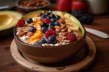 Wall Mural - delicately layered breakfast bowl, made with fruit, nuts and seeds, created with generative ai