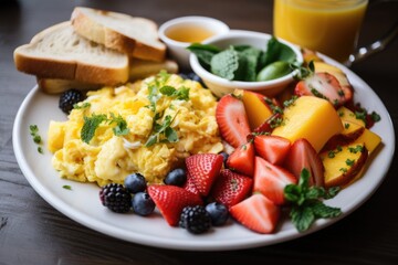 Wall Mural - a plate of fresh fruit, vegetables, and scrambled eggs with herbs, created with generative ai