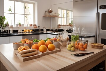 Poster - a kitchen, with a countertop filled with fresh fruits and vegetables, ready for cooking, created with generative ai