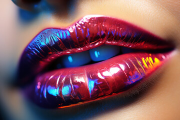 Wall Mural - Shiny sexy lips with red glossy lipstick close-up, AI Generated