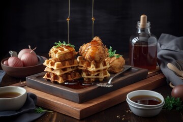 Wall Mural - a beautifully arranged plate of fried chicken and waffles, complete with maple syrup drizzle and miniature spoons, created with generative ai