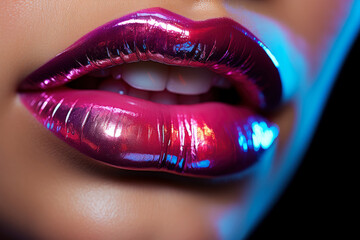 Wall Mural - Shiny sexy lips with purple glossy lipstick close-up, AI Generated