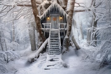 Canvas Print - snowy treehouse door ajar, inviting exploration, created with generative ai