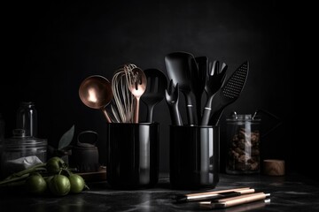 Sticker - set of cooking utensils arranged in modern and sleek setting for elegant appeal, created with generative ai