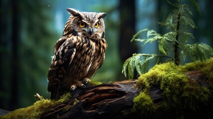 Wall Mural - Beautiful Great Horned Owl balances on a tree