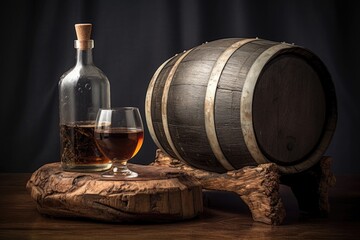 Canvas Print - whiskey barrel with a glass and bottle on top, created with generative ai