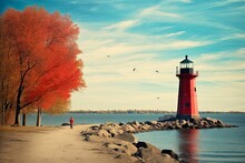 The Little Red Lighthouse - A Historic Landmark In The Blue Landscape Of New York City's Scenic Park. Generative AI