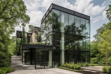 Poster - modern building with sleek glass exterior, surrounded by lush greenery, created with generative ai