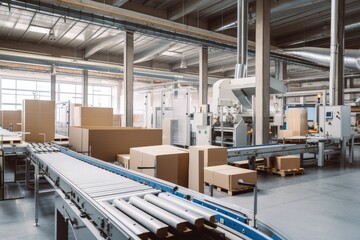 Sticker - packaging factory, with automated machines and conveyor belts creating packaging products, created with generative ai