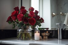 A Vase Of Red Roses In A Bathroom Setting, Created With Generative Ai