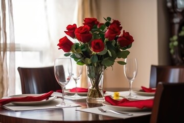 Wall Mural - red rose bouquet in vase on dining table, setting the scene for a romantic dinner, created with generative ai