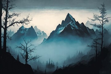 Wall Mural - mist-covered mountain range, with silhouettes of trees visible through the fog, created with generative ai