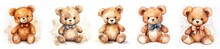 Generative AI, Set Of 5 Super Cute Brown Teddy Bear Watercolor Isolated On White Background