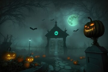 Wall Mural - nighttime shot of jack-o'-lantern display with spooky atmosphere and fog, created with generative ai