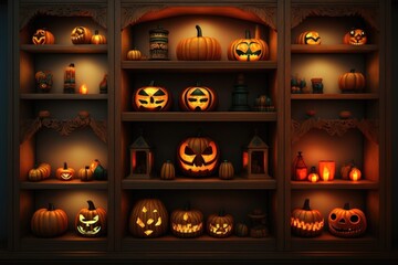 Sticker - collection of jack-o'-lanterns on shelves in store or library, created with generative ai