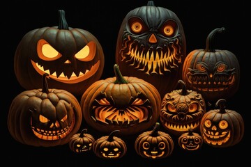 Wall Mural - group of jack-o'-lanterns in varying shapes and sizes, on a black background, created with generative ai