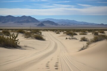 Canvas Print - road trip through the desert, with sand dunes and cacti in the background, created with generative ai