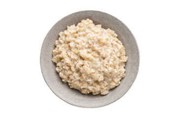 Wall Mural - Bowl of cooked oatmeal isolated on white, top view. Rolled oats boiled to oatmeal porridge