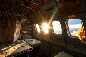 Sticker - sun shining through broken airplane windows, created with generative ai