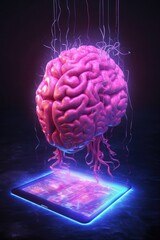 glowing brain hovering over a digital tablet, created with generative ai