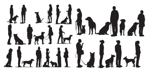 Set of silhouettes of people with black dog animal vector illustration. Isolated black and white people vector illustration.