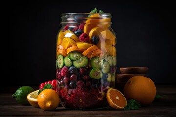 Sticker - stacked jar filled with colorful variety of fresh fruits and vegetables, created with generative ai