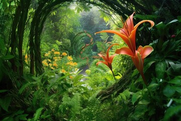 Canvas Print - spiral-shaped flame lily amidst lush foliage, created with generative ai