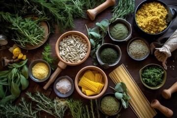 Poster - flatlay of pasta-making tools, dough, and herbs, created with generative ai