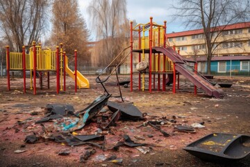 damaged playground equipment with debris around, created with generative ai