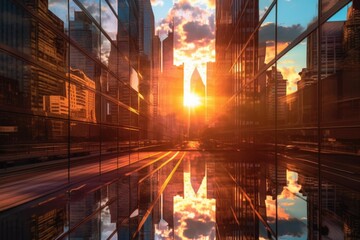 Sticker - sunrise reflecting off glass skyscrapers in city, created with generative ai