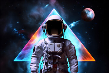 Wall Mural - spaceman or astronaut with triangular shape neon lights. ai generated.