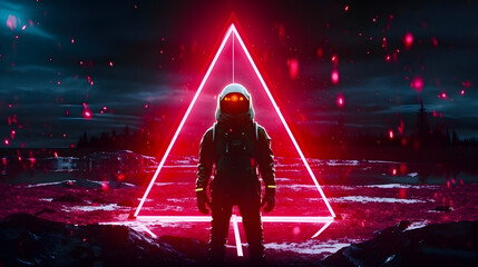 Wall Mural - spaceman or astronaut with triangular shape neon lights. ai generated.