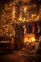 Wall Mural - fireplace with stockings hung and a warm festive glow, created with generative ai