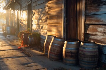 Wall Mural - sunlight casting shadows on weathered barrels, created with generative ai