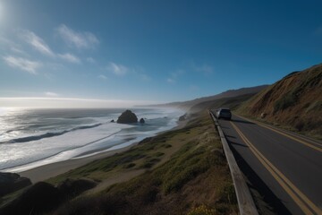 Wall Mural - a road trip on the coast, with views of the ocean and waves rolling in, created with generative ai