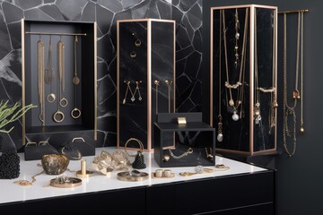 Poster - a chic and minimalist jewelry display, featuring delicate necklaces and earrings, created with generative ai