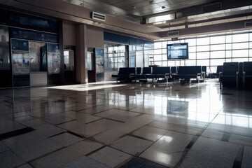 Wall Mural - empty airport terminal, with traces of past passengers and their journeys, created with generative ai