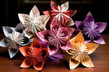 Sticker - origami paper flower collection with geometric patterns, created with generative ai