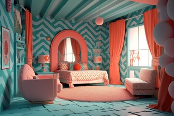 Sticker - 3d-rendered room with contrasting colors and patterns, created with generative ai