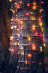 Wall Mural - soft focus of christmas light strings wrapped around a tree trunk, created with generative ai