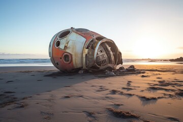 Wall Mural - crashed spaceship on a deserted beach, created with generative ai
