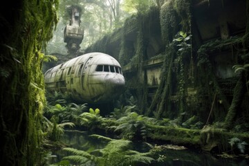 Wall Mural - moss-covered abandoned spacecraft in a lush jungle, created with generative ai
