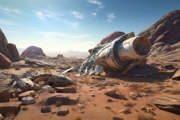 Wall Mural - spacecraft wreckage strewn across a rocky desert landscape, created with generative ai