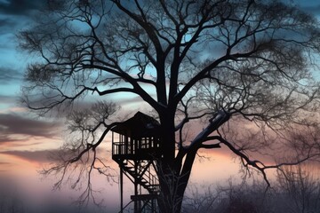 Wall Mural - treehouse silhouette against cold winter sky, created with generative ai