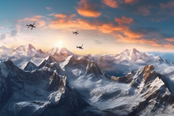 Canvas Print - drones capturing panoramic aerial view of a mountain range, created with generative ai