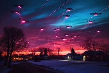 Wall Mural - drones forming a dynamic light show in the night sky, created with generative ai